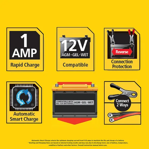 Miniatura 5 de STANLEY BM1S Cargador de batería totalmente automático de 1 amperio/mantenedor de 12 V con abrazaderas de cable y terminales de junta tórica
