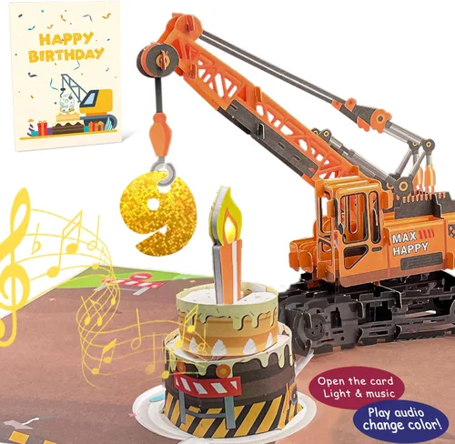 Miniatura 16 de Tarjeta de felicitación 3D de 4º cumpleaños con luz y música, tarjeta de camión grúa para niño, sobrino, nieto, hijo, niño pequeño, con sobre, 4th