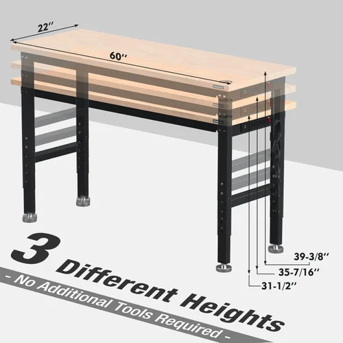 Miniatura 3 de WORKPRO Banco de trabajo ajustable de 60 pulgadas, estación de trabajo resistente con parte superior de madera de goma, capacidad de carga de 2000