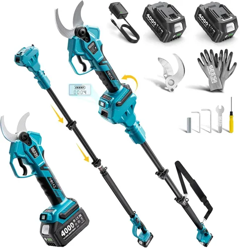 SEESII Tijeras de Podar de Pértiga 2 en 1: Diámetro de Corte de 1.6" Podadoras Eléctricas Inalámbricas de Pértiga - Motor sin Escobillas, Baterías