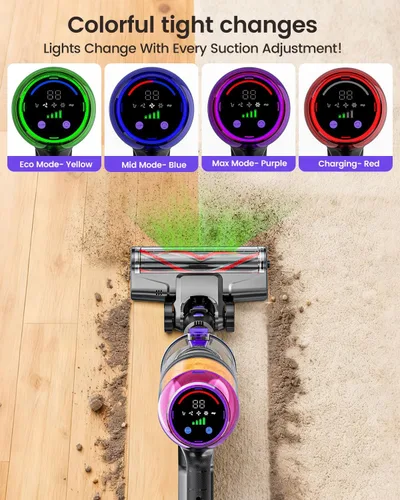Miniatura 8 de Aspiradora inalámbrica, 500W 40KPa 60 minutos, aspiradoras para el hogar, potente aspiradora de palo con luz verde, aspiradora inalámbrica Morado