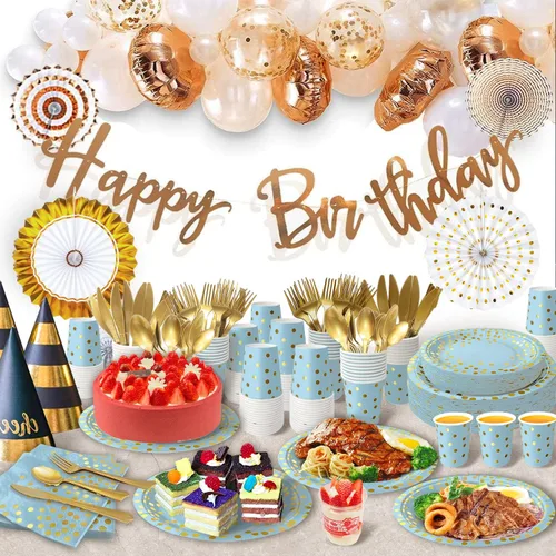 Miniatura 7 de AIRE 175 piezas de platos de papel azules y dorados, juego de vajilla para 25 invitados, decoraciones para fiestas, platos de papel, suministros