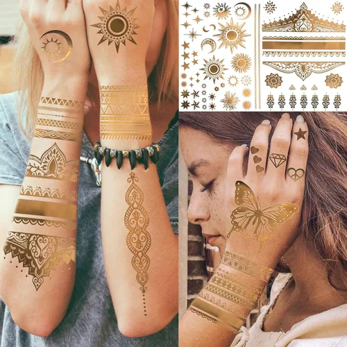 Miniatura 4 de Bilizar 9 hojas de más de 110 diseños de tatuajes temporales de oro flash metálico para mujeres adultas, niñas, león dorado de festival, sol, luna