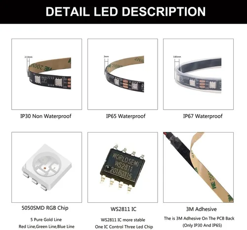 Miniatura 4 de WS2811 RGB IC LED Tira de 16.4 pies, 60 LEDs/m, luz de píxeles flexible direccionable de color de ensueño, LED digital programable de 20 píxeles/m