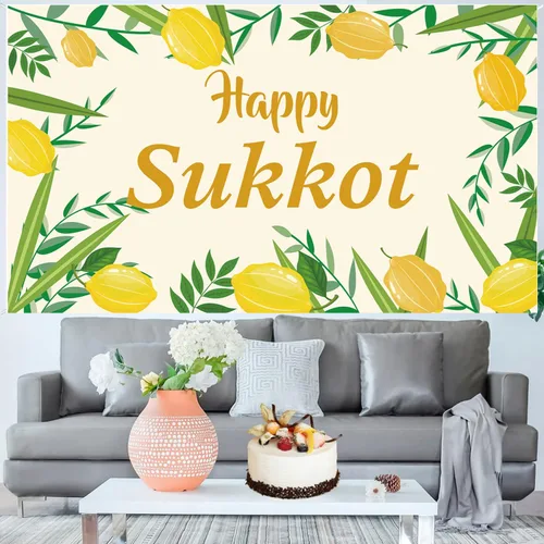 Miniatura 7 de Cartel de fondo de Happy Sukkot con 70.8 x 43.3 pulgadas, pancarta de fondo de Happy Sukkah, fondo de fotografía judía Etrog Lulav para cabina