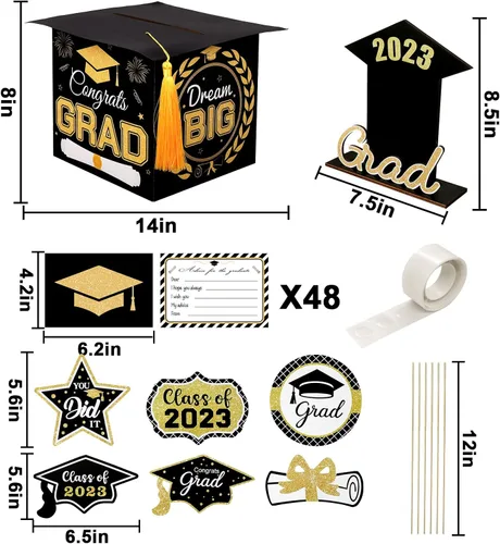Miniatura 2 de Decoraciones para fiestas de graduación 2023, juego de 60 piezas: telón de fondo grande para foto, caja de tarjetas de graduación, palos de centro