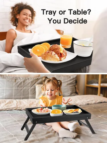 Miniatura 4 de Pipishell - Bandeja de bambú para cama con patas plegables, bandeja de desayuno para sofá, cama, comer, trabajar, se utiliza como bandeja de Negro