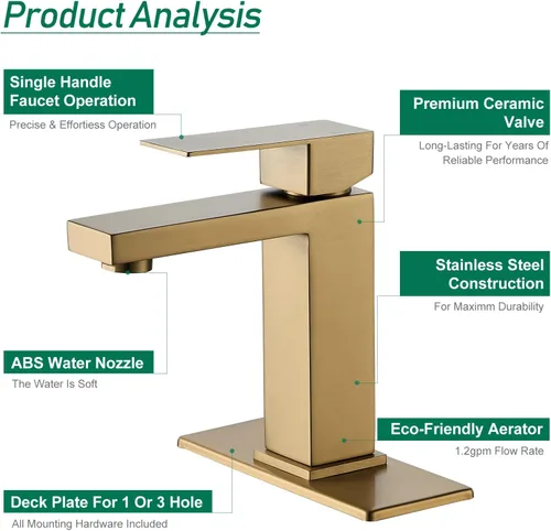 Miniatura 5 de VOTON Grifo de baño de oro cepillado, moderno grifo de baño de 1 agujero, grifo de lavabo de baño de una sola manija, oro cepillado con placa
