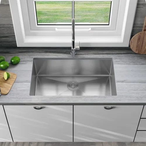 Sinber HU3219S-16G Fregadero de Cocina de Un Solo Tazón Bajo Encimera de 32" x 19" x 10" con Acero Inoxidable 304 Calibre 16 Acabado Satinado (Solo