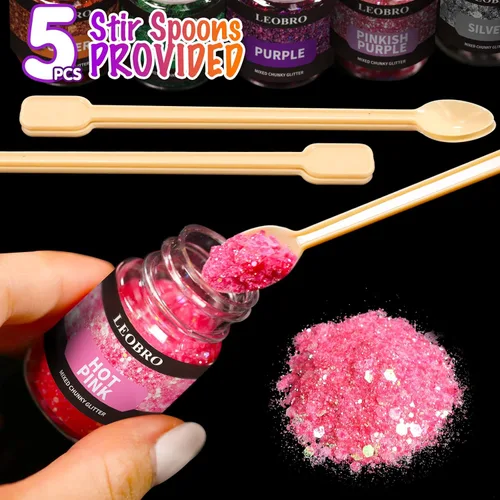 Miniatura 6 de LEOBRO Purpurina gruesa holográfica, 15 colores para resina, cuerpo de uñas, joyería y manualidades, con 5 cucharas mezcladoras