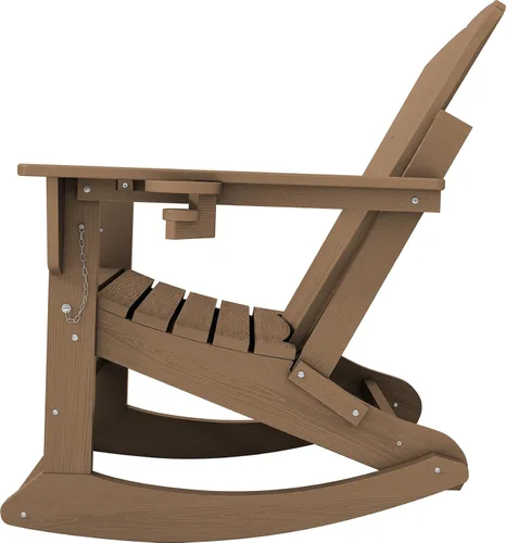 Miniatura 8 de KINGYES Silla mecedora Adirondack con otomano retráctil y portavasos, silla reclinable de patio Adirondack de HDPE para porche, patio, balcón, Teca