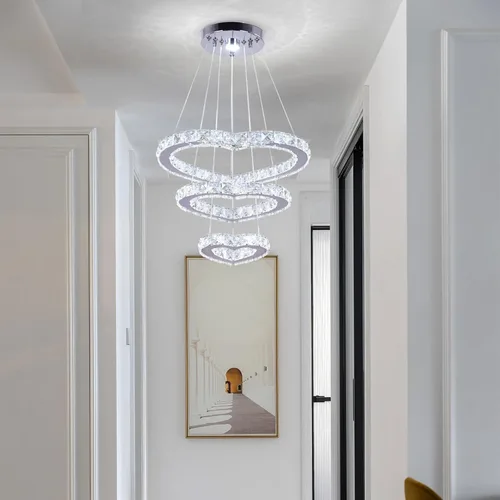 Miniatura 7 de Lámpara de araña moderna de cristal de corazón de 3 anillos con iluminación LED colgante de acero inoxidable para sala de estar, comedor y blanco