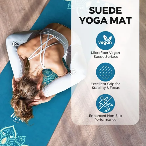 Miniatura 7 de U&M Tapete de yoga antideslizante, tapete de gamuza para ejercicio con bolsa de transporte para yoga, pilates y meditación, estiramiento de suelo