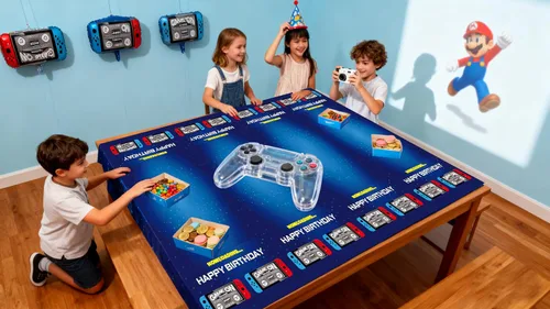 Miniatura 6 de Mantel azul para fiesta de videojuegos, 2 unidades, 54 x 108 pulgadas, decoración de fiesta de cumpleaños de videojuegos, funda rectangular Mantel