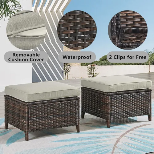 Miniatura 4 de Belord Juego de 2 taburetes otomanos de mimbre de ratán para todo tipo de clima, con cojines suaves para muebles de patio