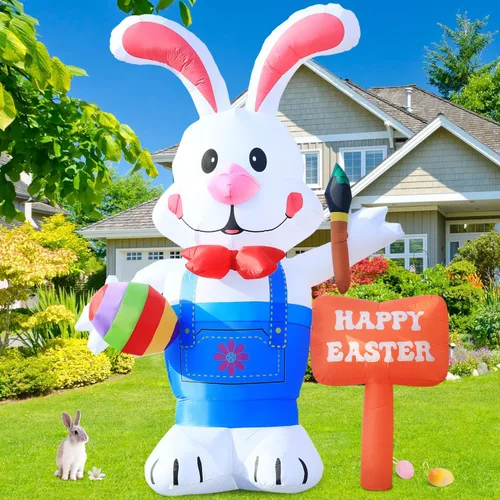 Enorme Decoración Inflable de Pascua de 12 Pies de Alto Conejito de Pie Sosteniendo Huevo y Pincel, Luces LED Incorporadas Decoración Inflable de