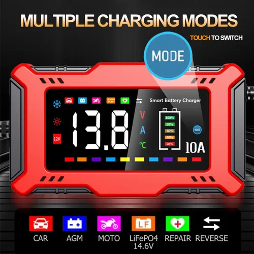 Miniatura 4 de Cargador de batería de coche de 10 A con pantalla LCD grande para plomo ácido de 12 V y LiFePO4 de 14.6 V, mantenedor de batería automático