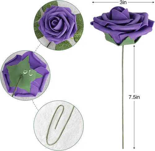 Miniatura 2 de AmyHomie Serie de flores artificiales, 25 rosas falsas de aspecto real con tallo para ramos de boda, centros de mesa, arreglos de fiesta, baby