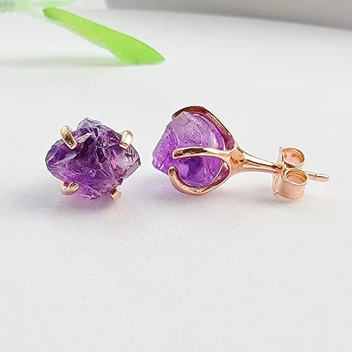 Miniatura 58 de Aretes de piedra preciosa natural en bruto con oro rosa sobre plata de ley 925, 6 a 0.276 in, regalo de piedra de nacimiento de calidad genuina