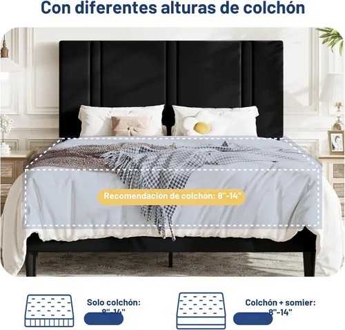 Miniatura 8 de Allewie Marco de cama de plataforma de tamaño matrimonial con cabecera ajustable, tapizado de terciopelo de felpa, canal vertical acolchonado, Negro