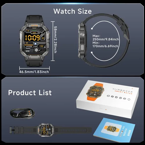 Miniatura 7 de Relojes inteligentes militares para hombres, reloj de fitness, IP68 impermeable 20 días de espera, pantalla de 2.02 pulgadas, reloj táctico