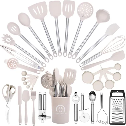 Miniatura 11 de Juego de 34 utensilios de cocina de silicona, resistentes al calor, aptos para lavavajillas, juego de espátulas con mango de acero inoxidable