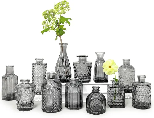 Miniatura 21 de SUPMIND Juego de 12 jarrones de cristal, pequeños jarrones de flores verdes para centros de mesa a granel, mini jarrón vintage para boda, hogar