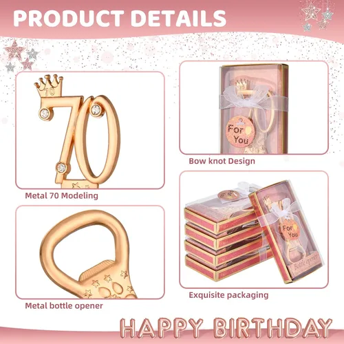 Miniatura 3 de 24 cajas de abrebotellas de cumpleaños número 70 con temática de oro rosa, favorecidas para regalos de fiesta de boda dorada 70, recuerdos de fiesta