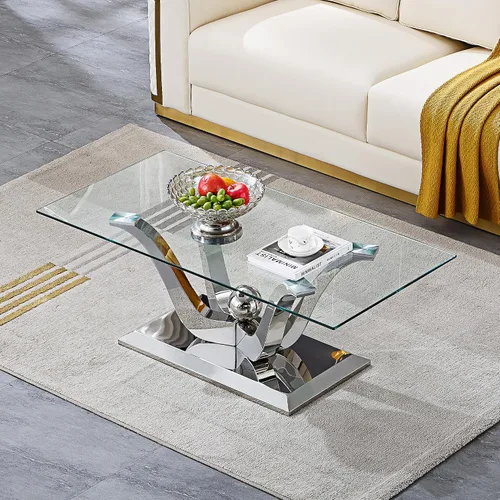 Miniatura 10 de Mesa de centro de cristal de lujo, mesa de centro de sofá de 47 pulgadas con marco de acero inoxidable dorado y parte superior de vidrio negro, mesa