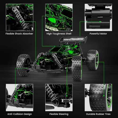 Miniatura 6 de Tecnock Coches RC para Niños, Coche RC 1:18 a Escala 2WD con Luces LED, Coche de Control Remoto de 2.4GHz con Carga Fácil USB-C y 50 Minutos de Verde