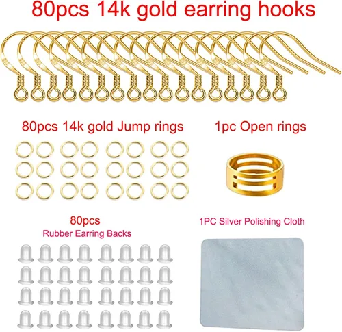 Miniatura 2 de Ganchos para aretes de oro 80 unidades/40 pares, alambres para aretes con gancho de pez, 240 piezas de accesorios de joyería hipoalergénicos con Oro