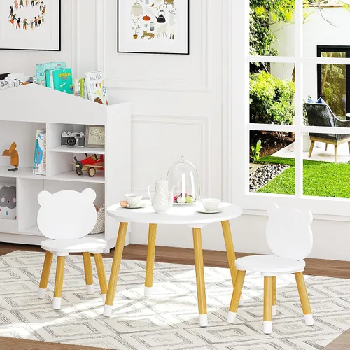 Miniatura 2 de UTEX Juego de mesa y silla de madera para niños, mesa de juego para niños con 2 sillas, mesa redonda de madera de 3 piezas para niños pequeños