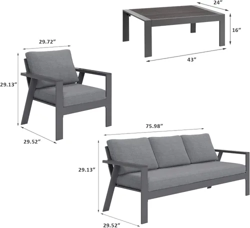 Miniatura 7 de Solaste Juego de muebles de aluminio para patio, sofá moderno de 4 piezas para exteriores con cojines resistentes al agua, juego de conversación