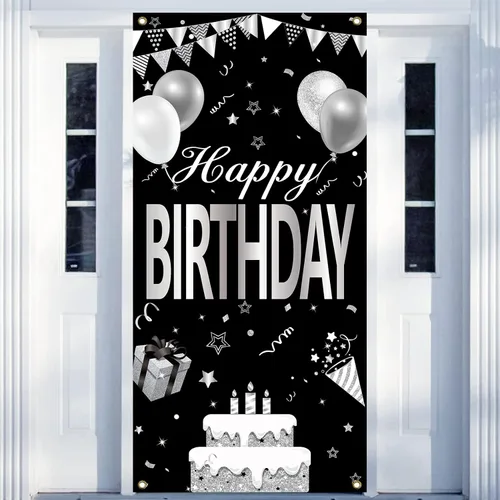 Cartel de feliz cumpleaños negro y blanco plateado para hombres y mujeres, cubierta de puerta de feliz cumpleaños, suministros de fiesta, póster de