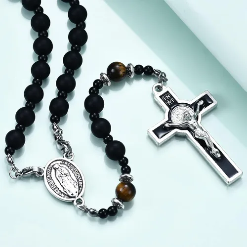Miniatura 3 de Rosario de cuentas católicas hechas a mano de 0.315 pulgadas para hombre, collar de rosario negro grande con medalla milagrosa, rosarios, regalos