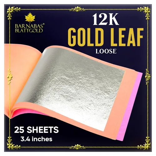 BARNABAS BLATTGOLD Gold Leaf - Oro real de 12 quilates [25 hojas, 3.4 pulgadas] - Hojas sueltas para pintura, arte y manualidades