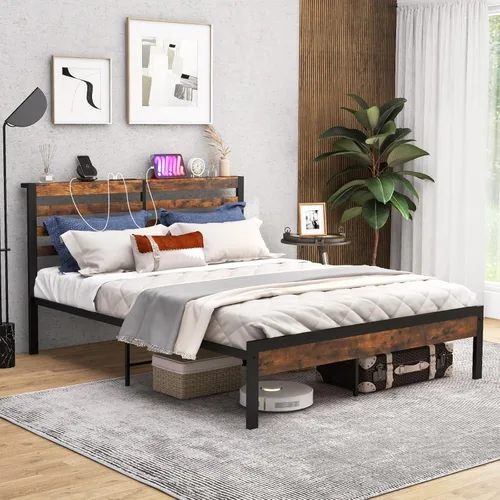 Miniatura 9 de Giantex Base de cama de metal con estación de carga, plataforma industrial con cabecera de almacenamiento, base de colchón resistente, fácil