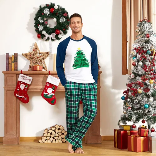 Miniatura 2 de IFFEI Conjunto de pijamas familiares de Navidad, camiseta con estampado de letras y pantalones a cuadros, con bolsillos