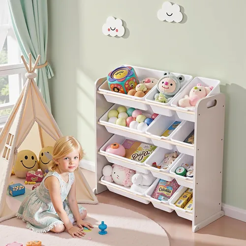 Miniatura 12 de VECELO Organizador de almacenamiento de juguetes para niños pequeños, 12 compartimientos, estante de madera para sala de juegos para niños, libros