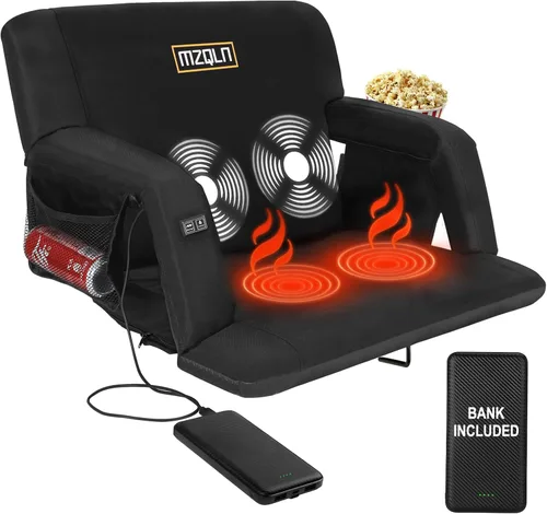 Asiento de estadio reclinable de masaje con calefacción, silla de grada con banco portátil de 10000 mAh, 6 posiciones reclinables para campamento,