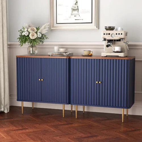 Miniatura 8 de HLR Aparador buffet con textura estriada, armario de acento azul con 2 puertas, almacenamiento moderno de credenza para cocina, sala de estar
