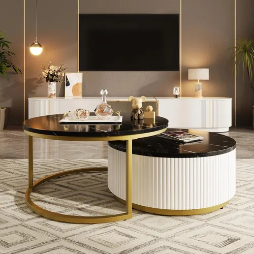 Miniatura 11 de Moderna mesa de centro redonda anidable acanalada con cajón en negro y dorado en 27.6 pulgadas