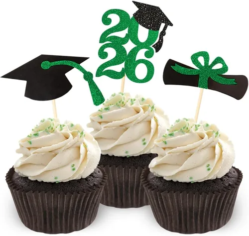 Miniatura 12 de Decoración para cupcakes de graduación con purpurina azul 2026, selecciones de alimentos/aperitivos, suministros de fiesta de graduación de 2026