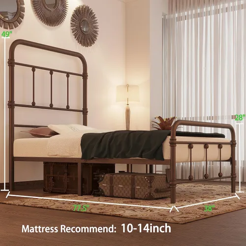 Miniatura 2 de Marco para cama individual, estilo vintage, granja, 49 pulgadas de alto, de hierro, base de colchón con plataforma, no necesita somier