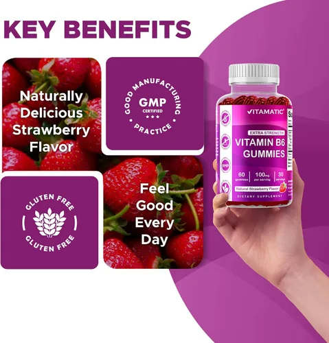 Miniatura 4 de Vitamatic Vitamina B6 100mg - Sabor a Bayas - 60 Gomitas a Base de Pectina - Apoya el Sistema Nervioso