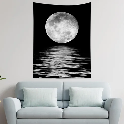 Miniatura 3 de LB Tapiz pequeño de luna llena sobre océano, tapiz de pared de cielo nocturno estrellado, fantasía 3D, arte de pared de luna grande en blanco