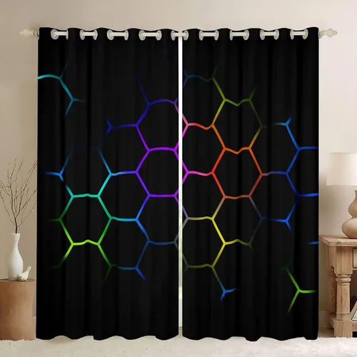 Miniatura 11 de Feelyou - Cortinas de ventana en forma de panal, tema geométrico hexagonal con luces de neón verdes, para chicos adolescentes y hombres, elegante