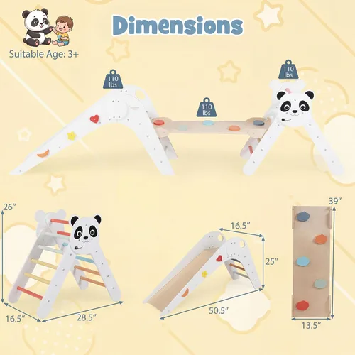 Miniatura 6 de GLACER Pikler - Juego de triángulos Montessori con temática de panda, juguetes de escalada para niños pequeños con escalera, túnel, tobogán, rampa