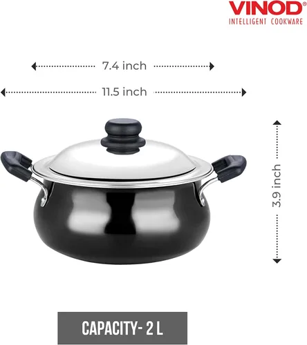 Miniatura 2 de Vinod Handi anodizado duro – Tapa de acero inoxidable – Tamaño mini – 2 litros (2.1 cuartos de galón) – Adecuado para Biryani, Pulao, Salsas – Olla