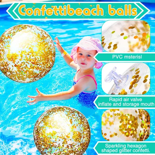 Miniatura 3 de Lewtemi 12 bolas de playa con confeti con purpurina a granel, bolas inflables grandes de 16 y 24 pulgadas para piscina con lentejuelas, decoraciones